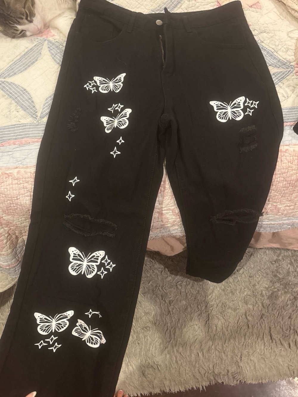 Black Butterfly Print Girls' Distressed Pants